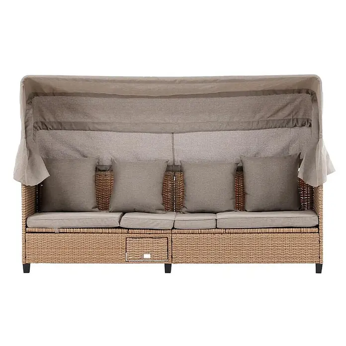 Ebuy24 Loungesofa Nopy - B x T x H: 60 x 200 x 135 cm, Geflechtmöbel., Beige - Outdoor-Tagesbett aus Rattan mit hellgrauen Kissen und verstellbarem Baldachin. Mit integriertem Stauraum.