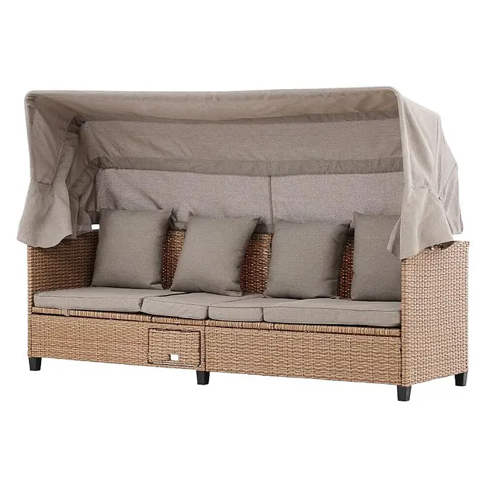 Ebuy24 Loungesofa Nopy - B x T x H: 60 x 200 x 135 cm, Geflechtmöbel., Beige - Braunes Rattan-Gartensofa mit grauen Kissen und ausziehbarer taupefarbener Überdachung für den Außenbereich.