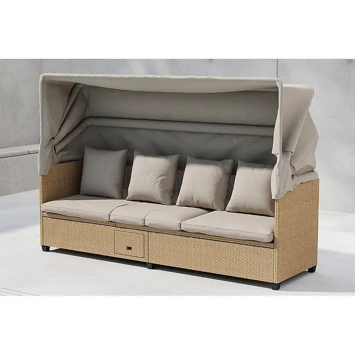 Ebuy24 Loungesofa Nopy - B x T x H: 60 x 200 x 135 cm, Geflechtmöbel., Beige - Geflochtenes Outdoor-Daybed mit hellbeigen Kissen, passendem einziehbarem Vordach und Frontschublade.