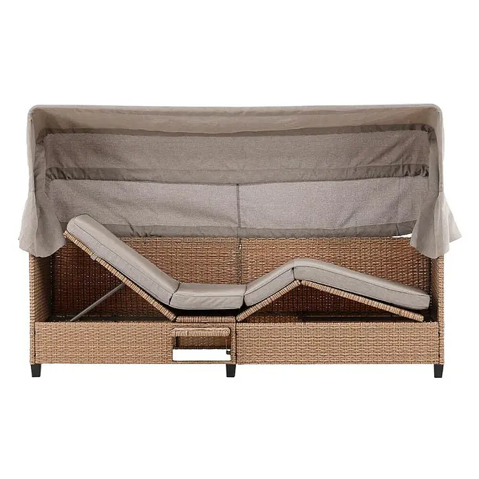 Ebuy24 Loungesofa Nopy - B x T x H: 60 x 200 x 135 cm, Geflechtmöbel., Beige - Outdoor-Tagesbett aus Korbgeflecht mit grauen Polstern und verstellbarem Verdeck, zwei Liegeabschnitte.