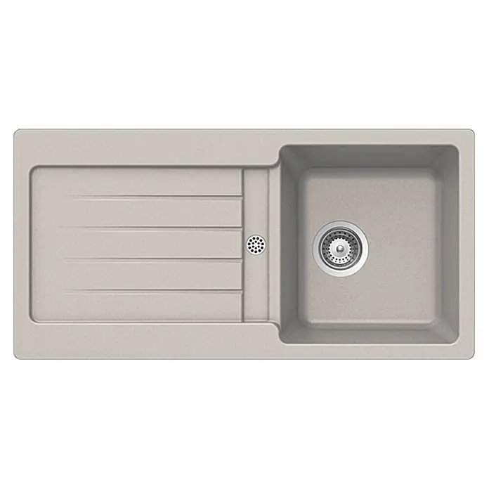 Admiral Einbauspüle Zako - B x L: 86 x 43,5 cm, Terra - Ansicht von oben auf eine moderne, beigefarbene Küchenspüle mit Becken rechts und Abtropffläche links für stilvolles Küchendesign.