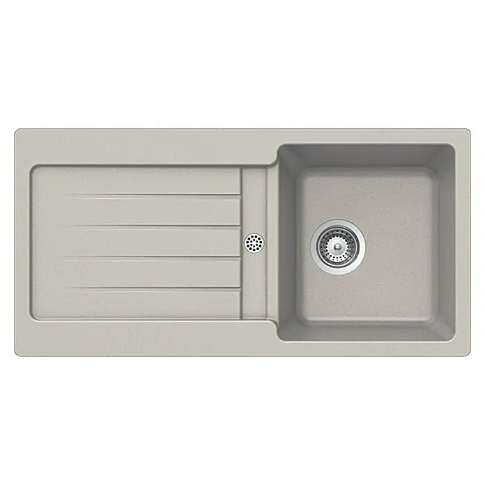 Admiral Einbauspüle Zako - B x L: 86 x 43,5 cm, Terra - Ansicht von oben auf eine moderne, beigefarbene Küchenspüle mit Becken rechts und Abtropffläche links für stilvolles Küchendesign.