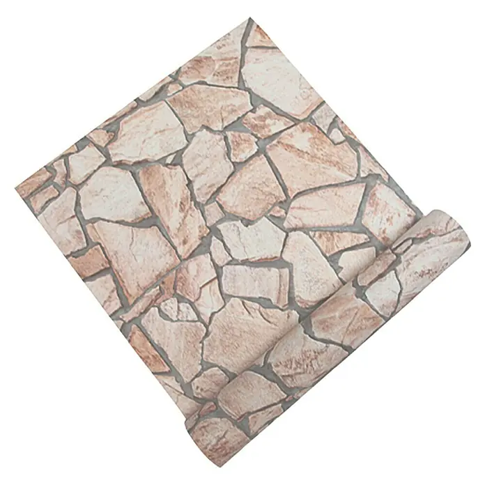 A.S. Création Vliestapete Wood-n-Stone - Beigebraun/Grau, Steinoptik, 10,05 x 0,53 m - Nahaufnahme einer Rolle Tapete mit einem Steinmuster in Braun- und Beigetönen, die eine rustikale und natürliche Wandgestaltung ermöglicht.