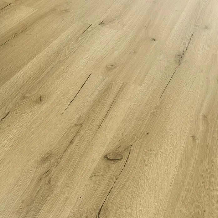 b!design Vinylboden SPC - Eiche Davos, Landhausdiele, 1.220 x 182 x 4,5 mm - Helle Holzfußbodenbretter mit natürlicher Maserung, dunklen Ästen und feinen Rissen.