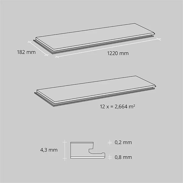 b!design Vinylboden SPC - Eiche Davos, Landhausdiele, 1.220 x 182 x 4,5 mm - Bodenpaneele, 1220x182x4,3mm, mit 0,2mm Deckschicht und 0,8mm Unterschicht. Ein Paket mit 12 Stk deckt 2,664 m² ab.