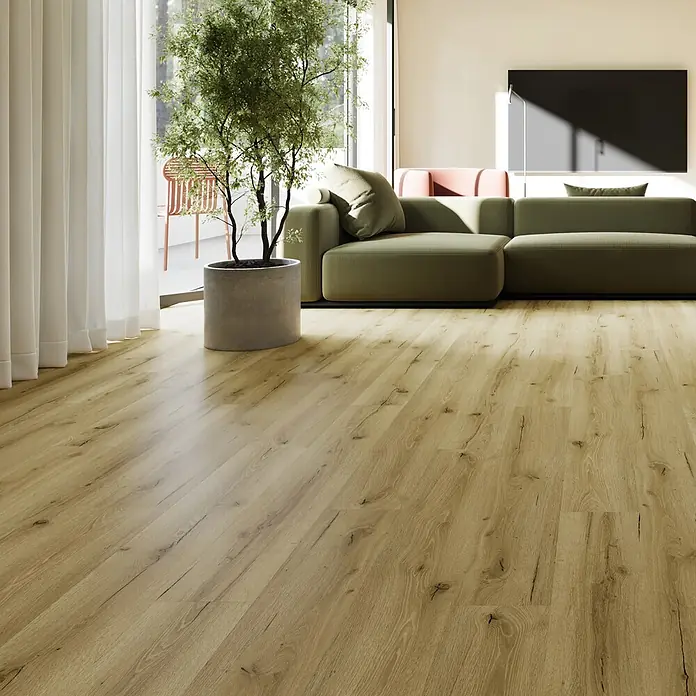 b!design Vinylboden SPC - Eiche Davos, Landhausdiele, 1.220 x 182 x 4,5 mm - Heller Holzboden mit ausgeprägter Maserung in einem modernen Wohnzimmerambiente.
