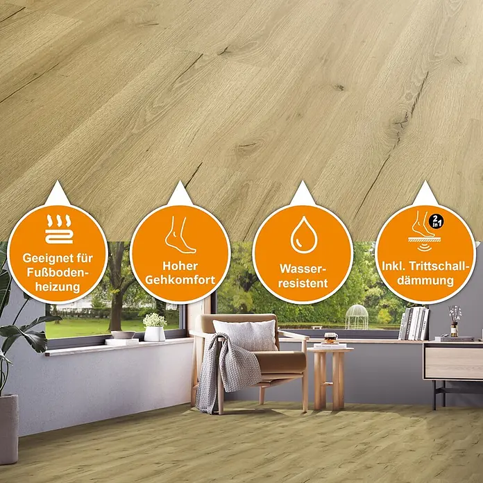b!design Vinylboden SPC - Eiche Davos, Landhausdiele, 1.220 x 182 x 4,5 mm - Heller Holzfußboden mit Eignung für Fußbodenheizung, hohem Gehkomfort, Wasserbeständigkeit und integrierter Trittschalldämmung in einem Raum.