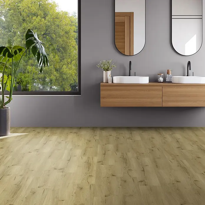 b!design Vinylboden SPC - Eiche Davos, Landhausdiele, 1.220 x 182 x 4,5 mm - Helle Holzoptik-Bodenbelag in einem modernen Badezimmer.