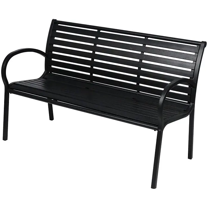 Ebuy24 Gartenbank Kira - B x T x H: 124 x 124 x 79 cm, Metall, Polywood., Schwarz - Schwarze Metall-Gartenbank mit Lattenrostsitz und -lehne.