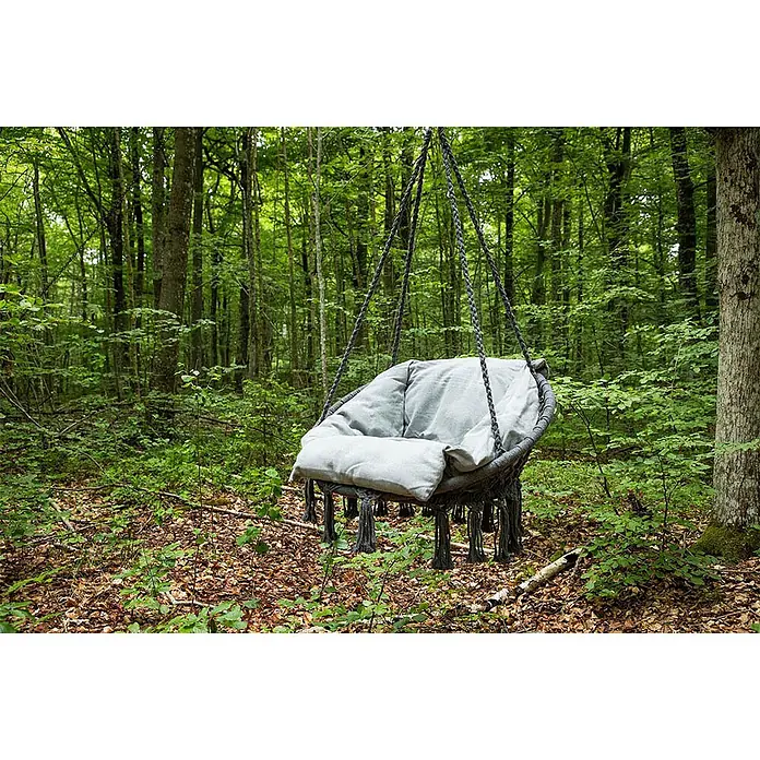 Ebuy24 Hängesessel Hamtic - Textil, Grau - Dunkelgrauer geflochtener Hängesessel mit hellgrauen Kissen und Quasten.