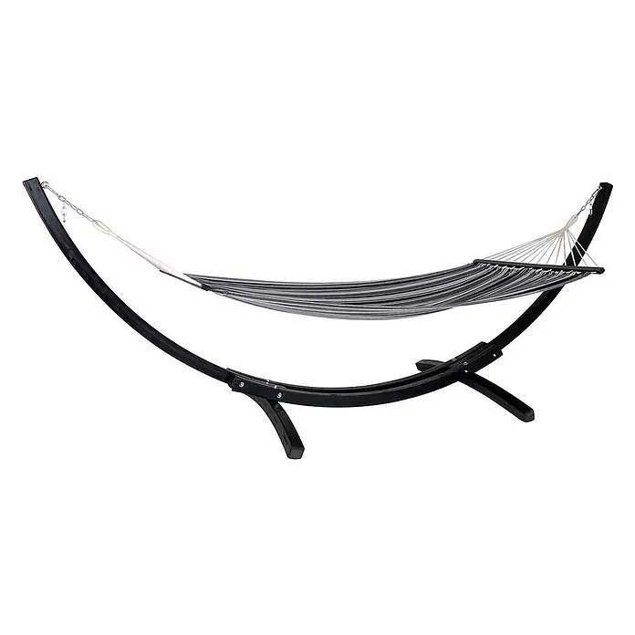 Ebuy24 Hängematte Tripoli - L x B: 320 x 120 cm, Sonstiges, Grau - Grau-weiß gestreifte Stoffhängematte auf einem geschwungenen schwarzen Holzgestell.