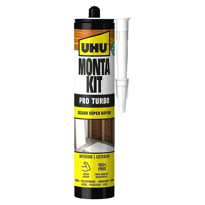 UHU Adhesivo para montaje Pro Turbo - 425 g, Cartucho - Cartucho de adhesivo UHU Monta Kit Pro Turbo, blanco y negro con etiqueta amarilla, boquilla separada.
