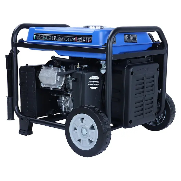 Ultimatron France Stromerzeuger ULT-5500i - Nennleistung: 5 kW, Tankvolumen: 14,5 l, Verbrauch: 2,8 l/h - Blauer und schwarzer tragbarer Generator mit Rädern, ausgestattet mit einem OHV-Motor und klaren Schnellstartanweisungen auf dem Tank.