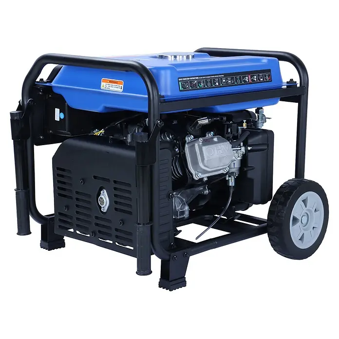 Ultimatron France Stromerzeuger ULT-5500i - Nennleistung: 5 kW, Tankvolumen: 14,5 l, Verbrauch: 2,8 l/h - Blauer und schwarzer tragbarer Stromerzeuger mit stabilem Rahmen, grauem OHV-Motor und Rädern für einfachen Transport.