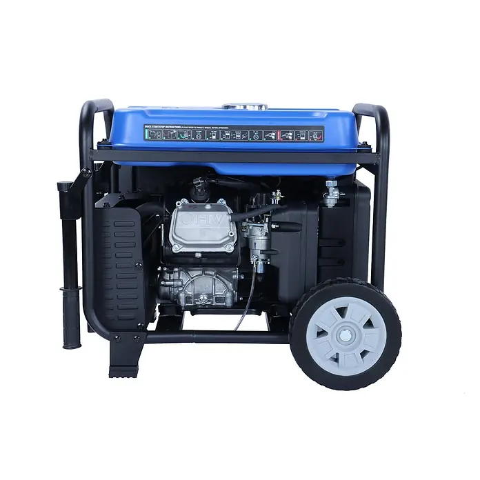 Ultimatron France Stromerzeuger ULT-5500i - Nennleistung: 5 kW, Tankvolumen: 14,5 l, Verbrauch: 2,8 l/h - Blauer und schwarzer mobiler Generator mit OHV-Motor und Rädern.