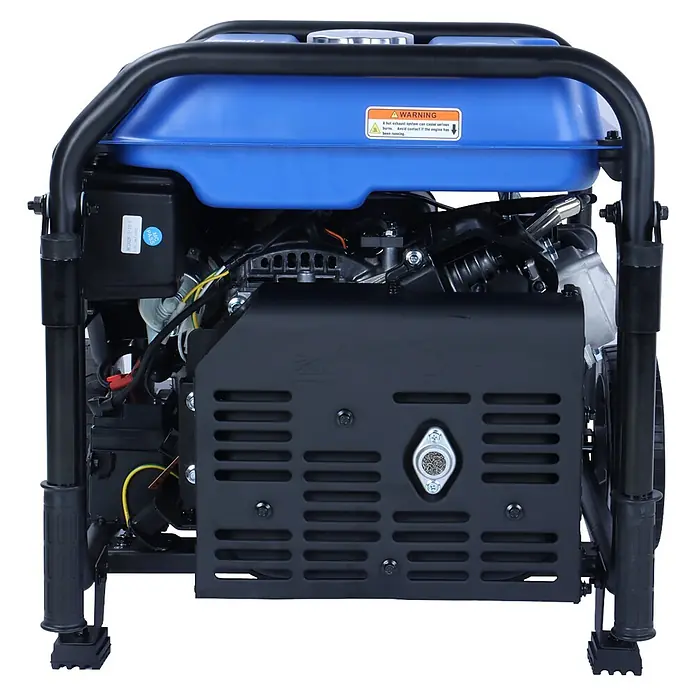 Ultimatron France Stromerzeuger ULT-5500i - Nennleistung: 5 kW, Tankvolumen: 14,5 l, Verbrauch: 2,8 l/h - Blauer und schwarzer tragbarer Stromerzeuger mit Schutzrahmen aus Metall. Warnschild auf dem Kraftstofftank sichtbar.