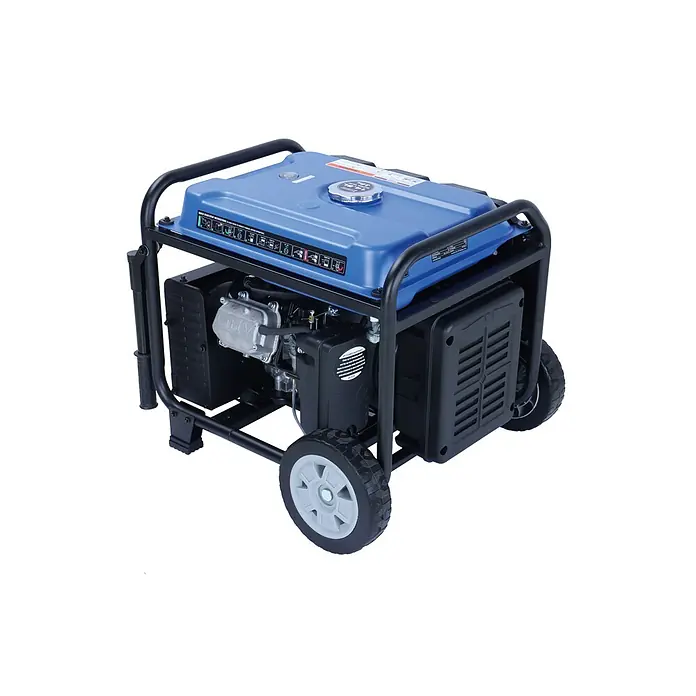 Ultimatron France Stromerzeuger ULT-5500i - Nennleistung: 5 kW, Tankvolumen: 14,5 l, Verbrauch: 2,8 l/h - Blauer und schwarzer tragbarer Stromgenerator mit Rädern, mit Kraftstofftank und Motorkomponenten.