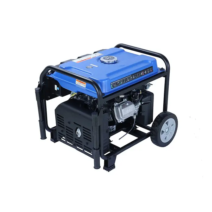 Ultimatron France Stromerzeuger ULT-5500i - Nennleistung: 5 kW, Tankvolumen: 14,5 l, Verbrauch: 2,8 l/h - Blauer und schwarzer tragbarer Stromgenerator mit stabilem Rahmen und grauen Rädern.