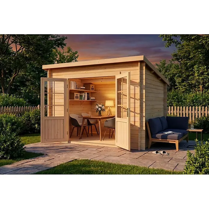 Alpholz Gartenhaus Maria - Außenmaß inkl. Dachüberstand (B x T): 300 x 272 cm, Holz, Naturbelassen - Helle Holzgartenhütte mit offenen Doppeltüren, die einen Innenraum mit Tisch und Stühlen auf einer Terrasse im Garten zeigt.