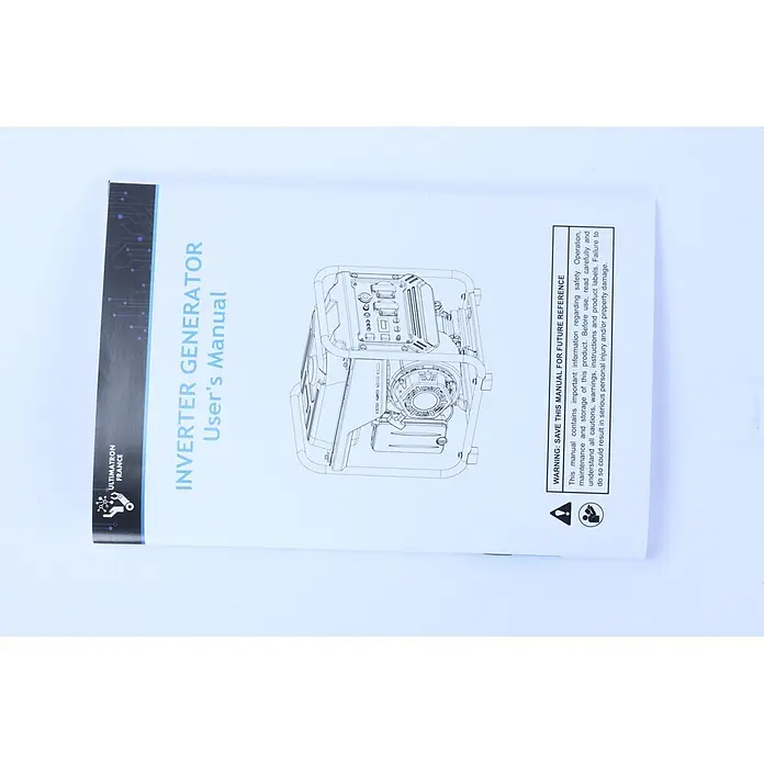 Ultimatron France Stromerzeuger ULT-3800i - Nennleistung: 3,5 kW, Tankvolumen: 6,5 l, Verbrauch: 2,4 l/h - Weißes Benutzerhandbuch für einen Inverter-Generator mit blauem Text, einer Strichzeichnung und einer Sicherheitswarnung.