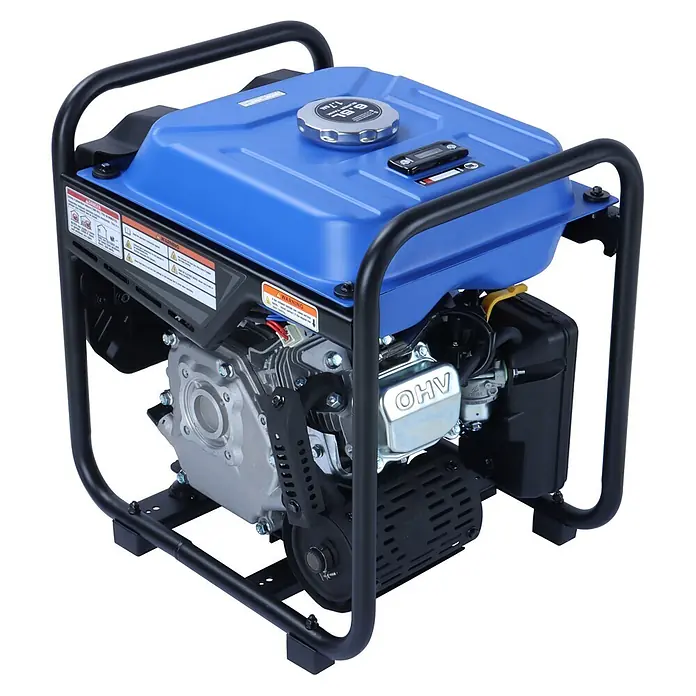 Ultimatron France Stromerzeuger ULT-3800i - Nennleistung: 3,5 kW, Tankvolumen: 6,5 l, Verbrauch: 2,4 l/h - Blauer und schwarzer tragbarer Generator mit schwarzem Metallrahmen und freiliegenden Motorkomponenten.