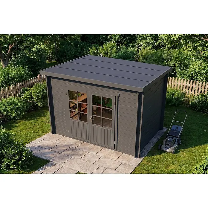 Alpholz Gartenhaus Maria - Außenmaß inkl. Dachüberstand (B x T): 300 x 272 cm, Holz, Grau - Dunkelgraues Gartenhaus mit Doppeltüren aus Glas und Flachdach, auf Pflastersteinen im Garten mit Rasenmäher.