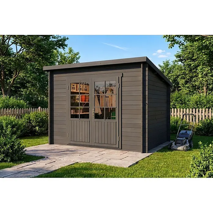 Alpholz Gartenhaus Maria - Außenmaß inkl. Dachüberstand (B x T): 300 x 272 cm, Holz, Grau - Dunkelgraues Holzgartenhaus mit Glastüren in einem üppigen grünen Garten mit gepflastertem Weg und Rasenmäher.