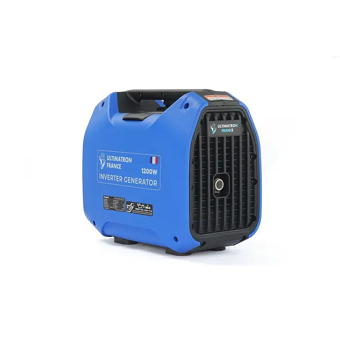 Ultimatron France Stromerzeuger ULT-1200 - Nennleistung: 1 kW, Tankvolumen: 2,2 l, Verbrauch: 0,75 l/h - Blauer Ultimaton France 1200W Inverter-Generator, von der Seite gesehen.