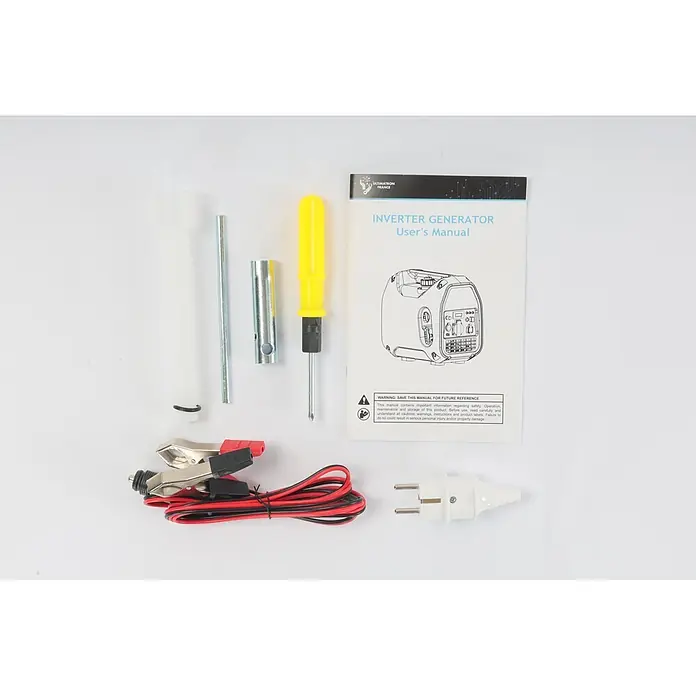 Ultimatron France Stromerzeuger ULT-1200 - Nennleistung: 1 kW, Tankvolumen: 2,2 l, Verbrauch: 0,75 l/h - Zubehörset für Inverter-Generator: Bedienungsanleitung, Trichter, Metallwerkzeuge, Schraubendreher, Batteriekabel mit Klemmen, Stecker.
