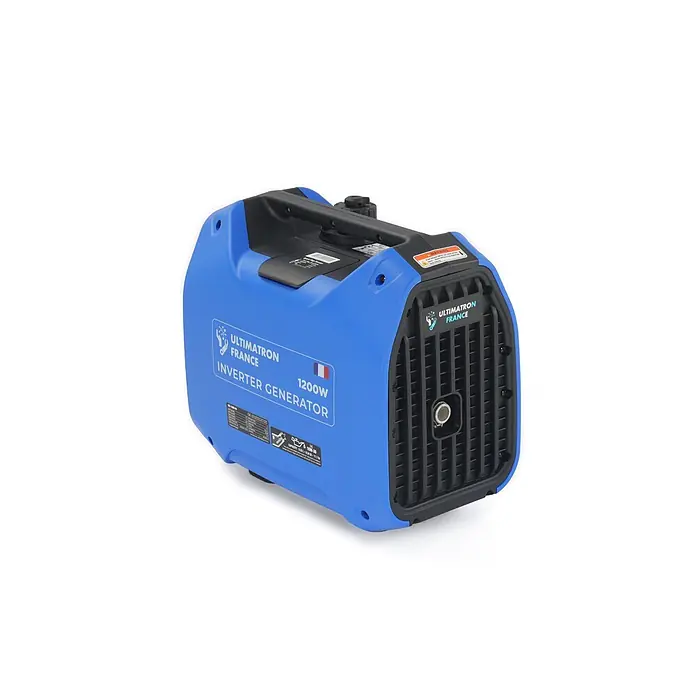 Ultimatron France Stromerzeuger ULT-1200 - Nennleistung: 1 kW, Tankvolumen: 2,2 l, Verbrauch: 0,75 l/h - Blauer ULTIMATRON FRANCE 1200W Inverter-Generator mit schwarzem Griff, Lüftungsgitter und Warnetiketten.