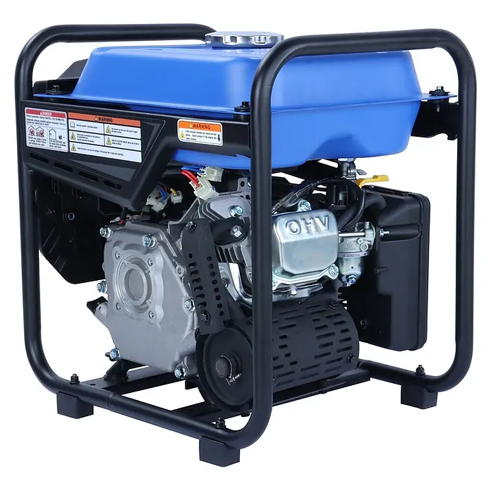 Ultimatron France Stromerzeuger ULT-3800i - Nennleistung: 3,5 kW, Tankvolumen: 6,5 l, Verbrauch: 2,4 l/h - Ein blauer und schwarzer tragbarer Generator mit silbernem Motor, in einem schützenden schwarzen Metallrahmen.