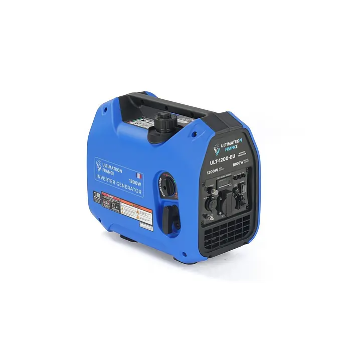 Ultimatron France Stromerzeuger ULT-1200 - Nennleistung: 1 kW, Tankvolumen: 2,2 l, Verbrauch: 0,75 l/h - Ein blauer Ultimaton France ULT-1200-EU Inverter-Generator mit 1200W Maximalleistung und diversen Anschlüssen.