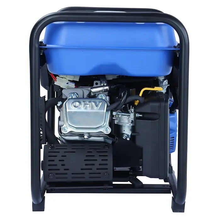 Ultimatron France Stromerzeuger ULT-3800i - Nennleistung: 3,5 kW, Tankvolumen: 6,5 l, Verbrauch: 2,4 l/h - Kompakter tragbarer Generator mit blauem Kraftstofftank, schwarzem Schutzrahmen und freiliegendem OHV-Motor.