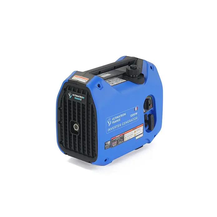 Ultimatron France Stromerzeuger ULT-1200 - Nennleistung: 1 kW, Tankvolumen: 2,2 l, Verbrauch: 0,75 l/h - Blauer Ultimatron France 1200W Inverter-Generator mit Griff und Starter.