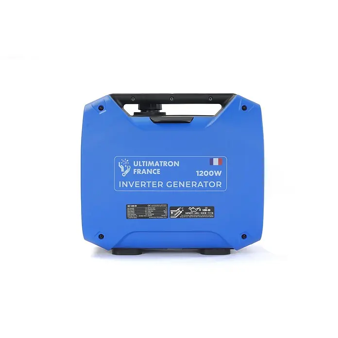 Ultimatron France Stromerzeuger ULT-1200 - Nennleistung: 1 kW, Tankvolumen: 2,2 l, Verbrauch: 0,75 l/h - Blauer ULTIMATRON FRANCE 1200W Inverter-Generator mit Spezifikationsetikett und schwarzem Tragegriff.