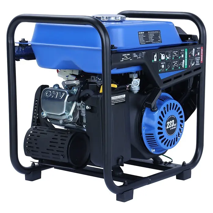 Ultimatron France Stromerzeuger ULT-3800i - Nennleistung: 3,5 kW, Tankvolumen: 6,5 l, Verbrauch: 2,4 l/h - Blauer und schwarzer tragbarer Generator mit Metallrahmen, Kraftstofftank und Motor.