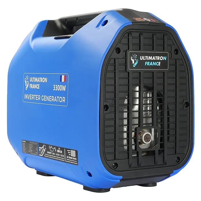 Ultimatron France Stromerzeuger ULT-3300 - Nennleistung: 3 kW, Tankvolumen: 4,2 l, Verbrauch: 2,3 l/h - Ein kompakter, blauer Ultimatron 3300W Inverter-Generator mit schwarzen Gittern und Tragegriff.