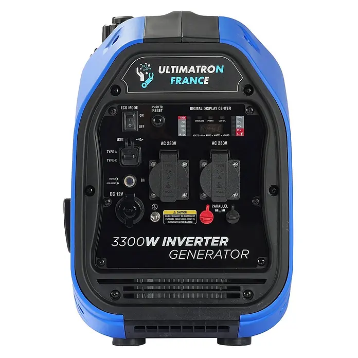 Ultimatron France Stromerzeuger ULT-3300 - Nennleistung: 3 kW, Tankvolumen: 4,2 l, Verbrauch: 2,3 l/h - Blauer und schwarzer 3300W Inverter-Generator mit Bedienfeld, Digitalanzeige und verschiedenen Steckdosen.
