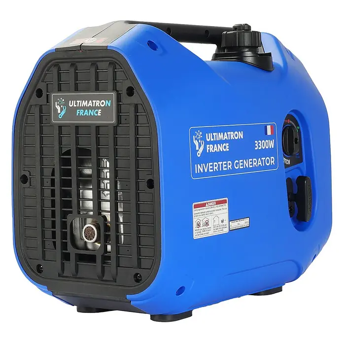 Ultimatron France Stromerzeuger ULT-3300 - Nennleistung: 3 kW, Tankvolumen: 4,2 l, Verbrauch: 2,3 l/h - Blauer Ultimatron France 3300W Inverter-Generator mit Griff und Warnhinweisen.