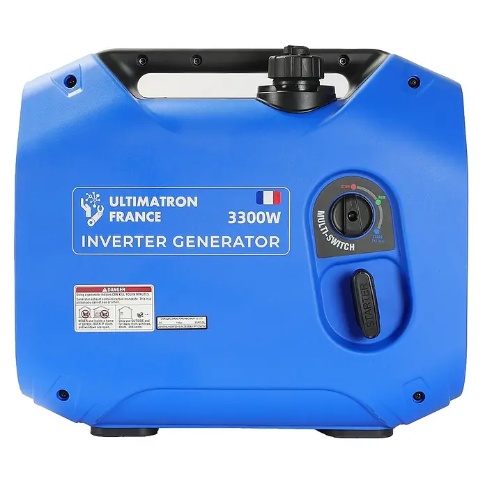 Ultimatron France Stromerzeuger ULT-3300 - Nennleistung: 3 kW, Tankvolumen: 4,2 l, Verbrauch: 2,3 l/h - Blauer ULTIMATRON FRANCE 3300W Inverter-Generator mit Mehrfachschalter und Seilzugstarter.
