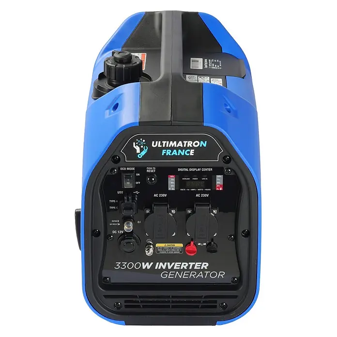 Ultimatron France Stromerzeuger ULT-3300 - Nennleistung: 3 kW, Tankvolumen: 4,2 l, Verbrauch: 2,3 l/h - Ein blauer und schwarzer 3300W Inverter-Generator mit Bedienfeld und Tragegriff.