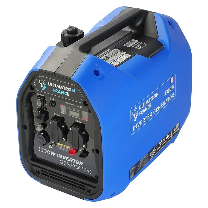 Ultimatron France Stromerzeuger ULT-3300 - Nennleistung: 3 kW, Tankvolumen: 4,2 l, Verbrauch: 2,3 l/h - Blauer und schwarzer Ultimatron 3300W Inverter-Generator mit Bedienfeld und Griff.