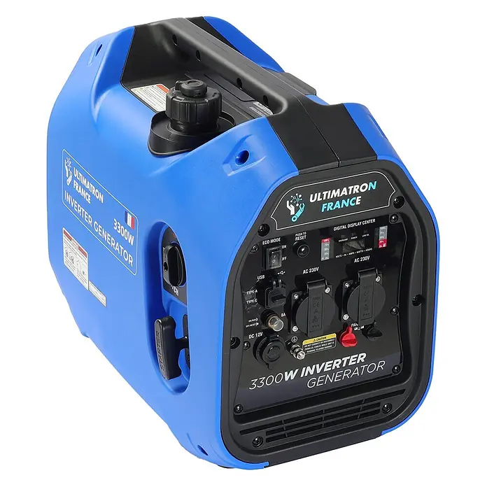 Ultimatron France Stromerzeuger ULT-3300 - Nennleistung: 3 kW, Tankvolumen: 4,2 l, Verbrauch: 2,3 l/h - Blauer 3300W Inverter-Generator mit schwarzem Bedienfeld, mehreren Steckdosen und Digitalanzeige.