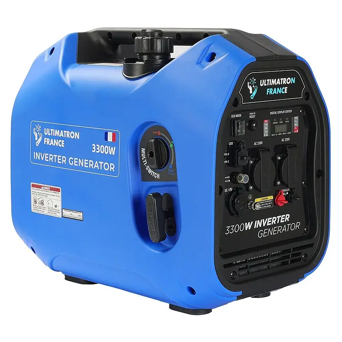 Ultimatron France Stromerzeuger ULT-3300 - Nennleistung: 3 kW, Tankvolumen: 4,2 l, Verbrauch: 2,3 l/h - Blauer und schwarzer ULTIMATRON FRANCE 3300W Inverter-Generator mit Bedienfeld, verschiedenen Anschlüssen und Mehrfachschalter.