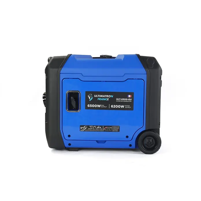 Ultimatron France Stromerzeuger ULT-6500 - Nennleistung: 6,2 kW, Tankvolumen: 12,5 l, Verbrauch: 2,9 l/h - Blauer und schwarzer ULTIMATRON ULT-6500-EU Inverter-Generator mit Rädern. Er zeigt 6500W max und 6200W Nennleistung sowie Ölhinweise.