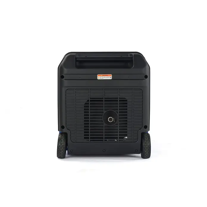 Ultimatron France Stromerzeuger ULT-6500 - Nennleistung: 6,2 kW, Tankvolumen: 12,5 l, Verbrauch: 2,9 l/h - Rückansicht eines schwarzen tragbaren Generators mit Rädern, Griff und Warnhinweis.