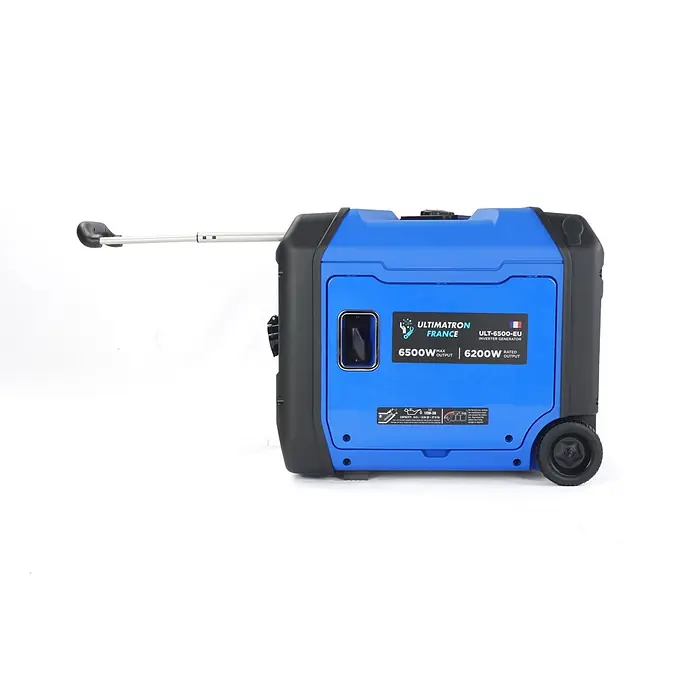 Ultimatron France Stromerzeuger ULT-6500 - Nennleistung: 6,2 kW, Tankvolumen: 12,5 l, Verbrauch: 2,9 l/h - Blauer und schwarzer ULTIMATRON Inverter-Generator mit ausziehbarem Griff und Rädern für den Transport.