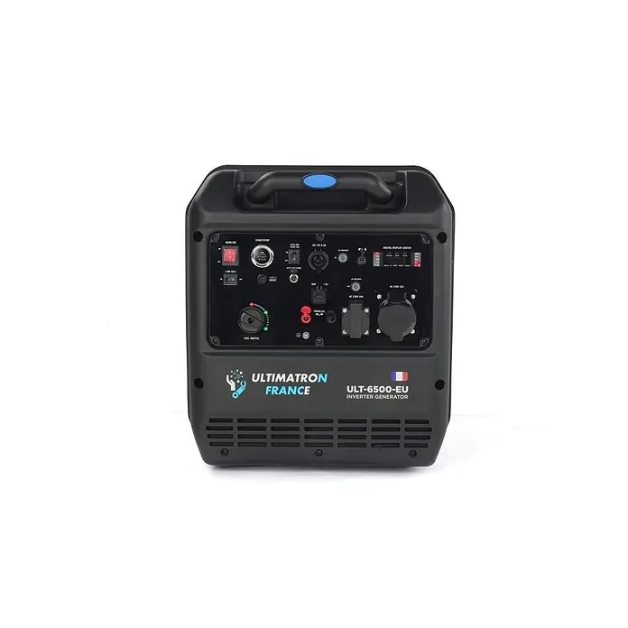 Ultimatron France Stromerzeuger ULT-6500 - Nennleistung: 6,2 kW, Tankvolumen: 12,5 l, Verbrauch: 2,9 l/h - Schwarzer Ultimaton ULT-6500-EU Inverter-Generator mit Bedienfeld, Schaltern, Steckdosen und Digitalanzeige.