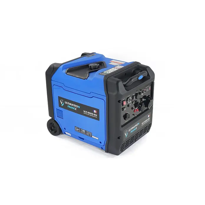 Ultimatron France Stromerzeuger ULT-6500 - Nennleistung: 6,2 kW, Tankvolumen: 12,5 l, Verbrauch: 2,9 l/h - Blauer und schwarzer ULTIMATRON Inverter-Generator mit Rädern und Griffen.