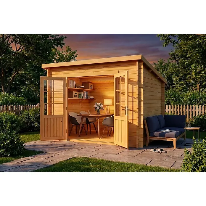 Alpholz Gartenhaus Maria - Außenmaß inkl. Dachüberstand (B x T): 300 x 272 cm, Holz, Pinie - Gartenhütte aus hellem Holz mit offenen Türen, innen und außen möbliert, als flexibler Wohnraum im Freien.